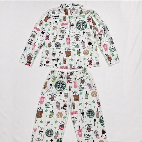 Unbranded Other - Starbucks Pajama Set Womens 3XL White But First Coffee Print Graphic Satin...